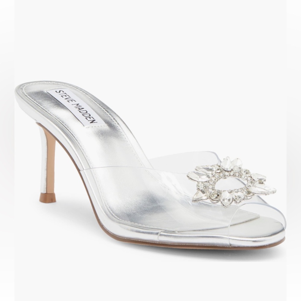 Steve Madden Silver Heels with Clear Slide with Crystals